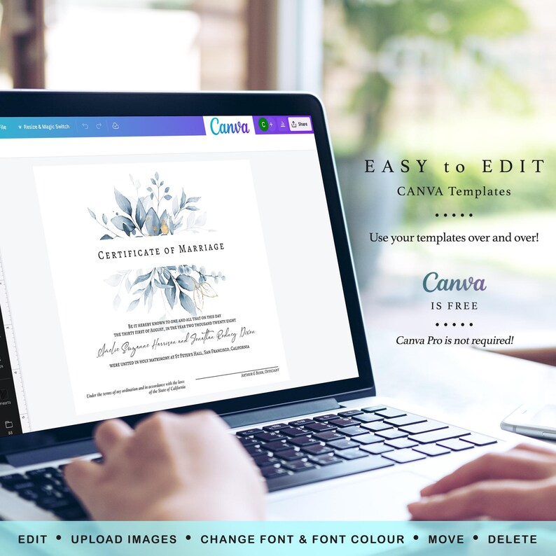May include: A digital screen displaying a blue and gold watercolor wedding certificate template on Canva. The text on the screen reads "Certificate of Marriage" and includes the names "Chele Bazaar Herren and Justin Biking Dan". The text "EASY to EDIT CANVA Templates" is displayed above the screen. The text "Canva IS FREE Canva Pro is not required!" is displayed below the screen.