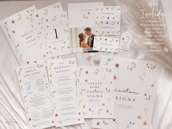Wildflower Wedding Bundle, Flower Canva Wedding Templates, Large Wedding Bundle, Floral Invitation, Signage, Programs, Canva Templates | 94B