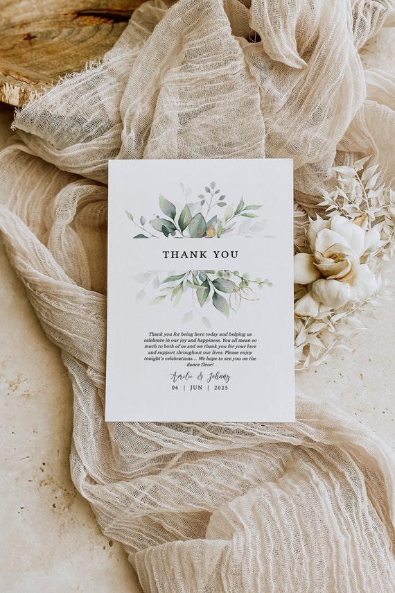 Leaf & Gold - Thank You Note, Greenery Wedding Thank You Card Printable Template, 4x6", 5x7", Corjl Templates, FREE Demo