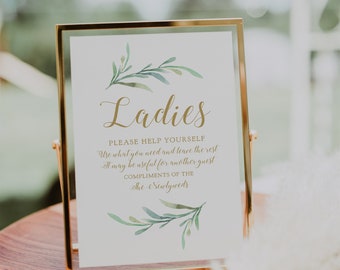 Bathroom Basket Sign, Printable Wedding Basket Sign Ladies and Gentlemen Signs &quot;Greenery&quot;, Corjl Template or Download and Print