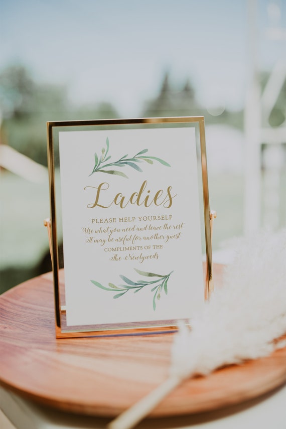 Bathroom Basket Sign, Printable Wedding Basket Sign Ladies and Gentlemen Signs "Greenery", Corjl Template or Download and Print