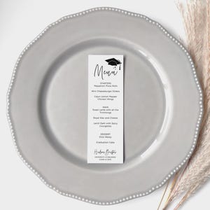 Canva Graduation Menu Template, Graduation Party Table Decorations, Long Graduation Menus, Graduate Decor, Canva Templates | 88