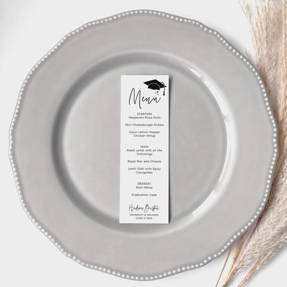 Canva Graduation Menu Template, Graduation Party Table Decorations, Long Graduation Menus, Graduate Decor, Canva Templates | 88