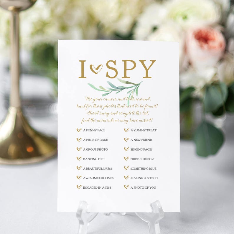 I Spy Wedding Game, I Spy Printable Sign, Wedding Signs 4x6, 4x9, 5x7 and 8x10, Disposable Camera, Greenery, Corjl Template, FREE Demo image 4