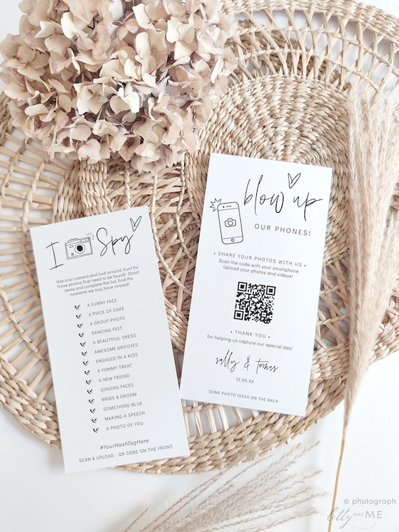 Blow Up Phones i Spy Game with QR Code, Wedding Shared Photo Album Signs, Wedding QR Code, Scan to Upload, Canva Template | 88