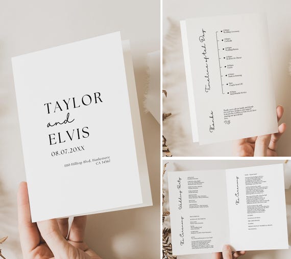 Canva Folded Wedding Program Template, Simple Minimalist Wedding Program Template, Order of Service, Canva Templates | 111W