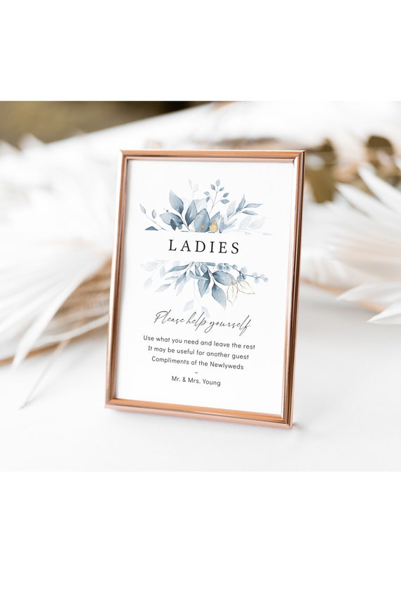 Dusty Blue Bathroom Basket Signs, Printable Wedding Basket Signs, Ladies Gents, 5x7", 8x10", Corjl Templates, FREE Demo | 80