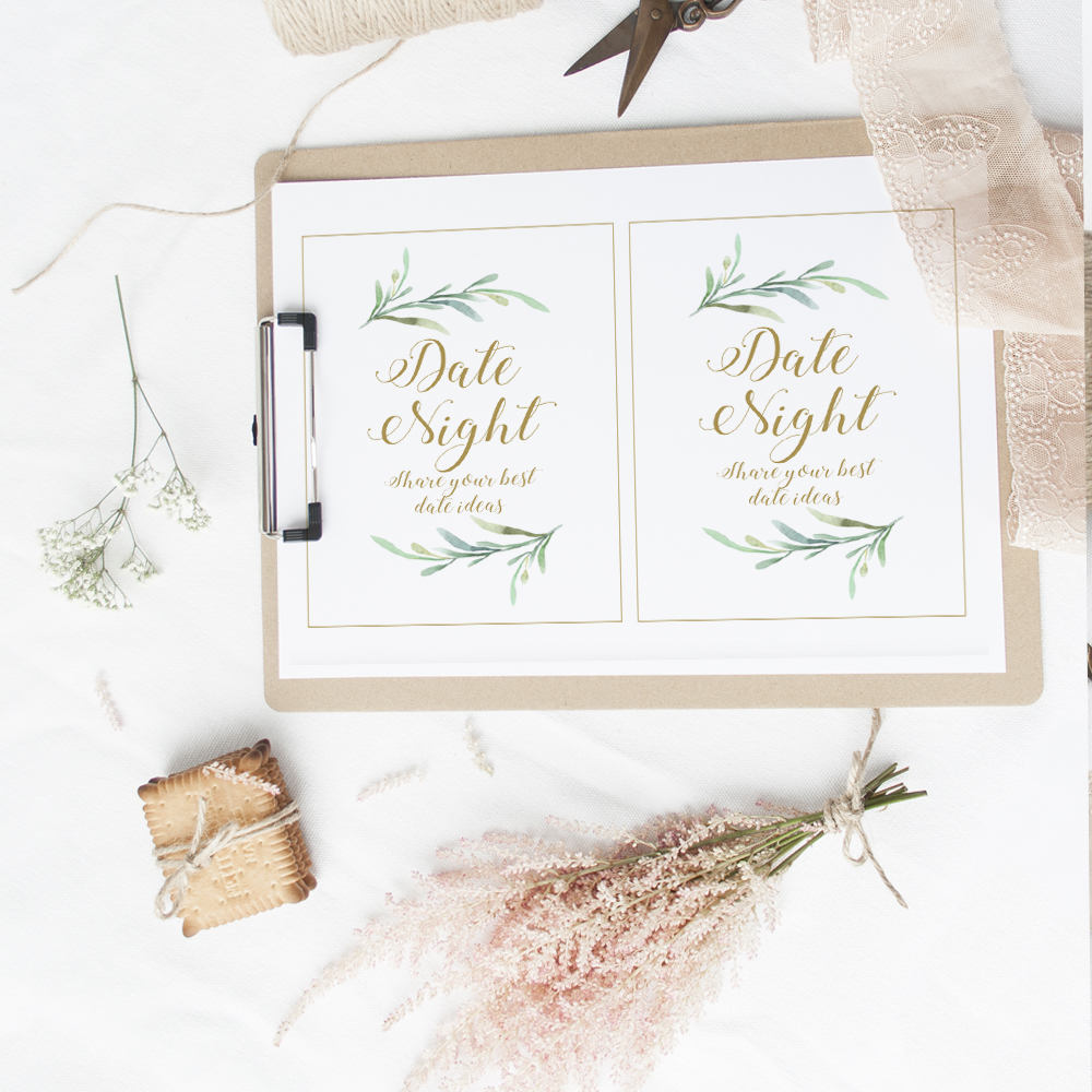 Date Night Cards Sign, Bridal Shower Ideas Date Night Jar. Printable cards  and Sign. Greenery. Best Date Night ideas. Download & Print.