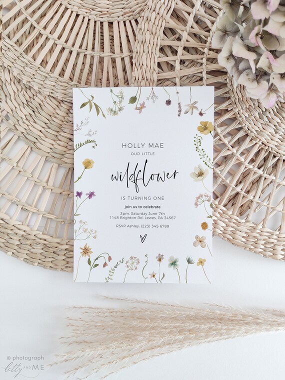 Wildflower Turning One Invitation, Baby Invitation Template, First Birthday Invitation Printable, Corjl Template, FREE Demo | 94