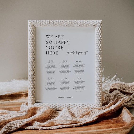 We are So Happy You're Here Table Plan, Minimalist Wedding, Seating Plan Templates, Minimalist Seating Plan, Canva Templates | 90
