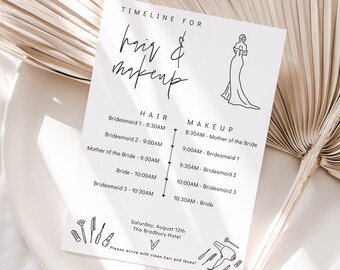 Bridal Hair and Makeup Timeline Printable Template, Wedding Hair and Makeup, Printable Cards and Sign, Canva Template | 88