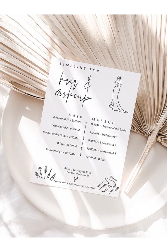 Bridal Hair and Makeup Timeline Printable Template, Wedding Hair and Makeup, Printable Cards and Sign, Canva Template | 88