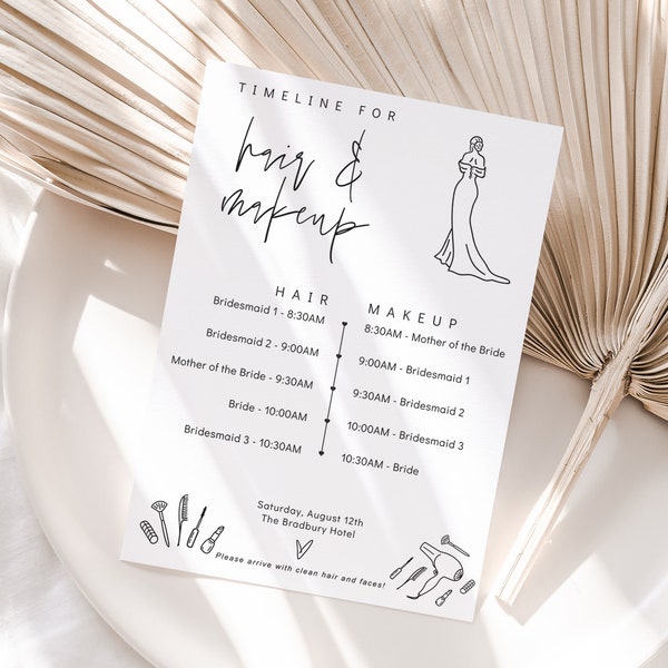 Bridal Hair and Makeup Timeline Printable Template, Wedding Hair and Makeup, Printable Cards and Sign, Canva Template | 88