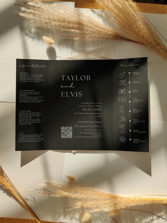 Black Gatefold Wedding Invitations, Printable Modern Invitations, Modern Black Invitations, Black and White Wedding, Canva Templates | 111B