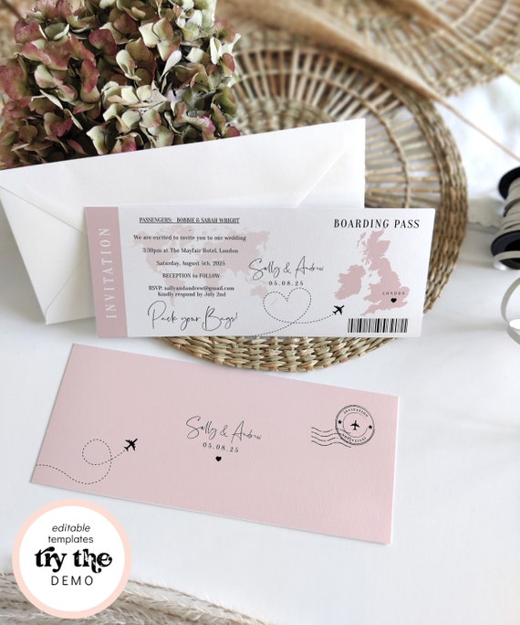 Destination - Wedding in England, Scotland, Ireland or Wales, UK Boarding Pass Invitation, Corjl Templates, FREE Demo