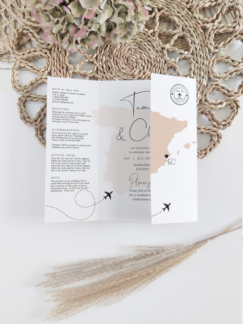 Destination Spain Wedding Invitations, Folded Gatefold Invitation Templates, Destination Wedding, Canva Templates image 3