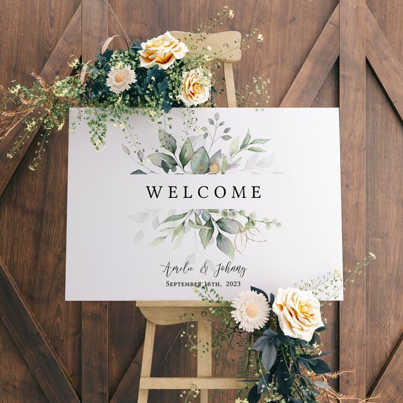 Leaf & Gold - Welcome Signs with Greenery, Greenery Wedding Signs, Printable Wedding Signs, 4 Sizes, Corjl Templates, FREE Demo