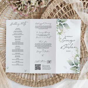 Folded Wedding Program, Greenery Wedding Order of Service Template, Printable Program, Trifold, Z Fold, Canva Template | 80G