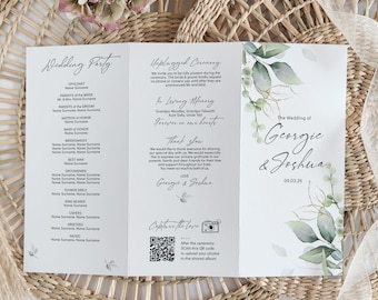 Gevouwen bruiloftsprogramma, Greenery Wedding Order of Service-sjabloon, afdrukbaar programma, driebladige, Z-vouw, Canva-sjabloon | 80G