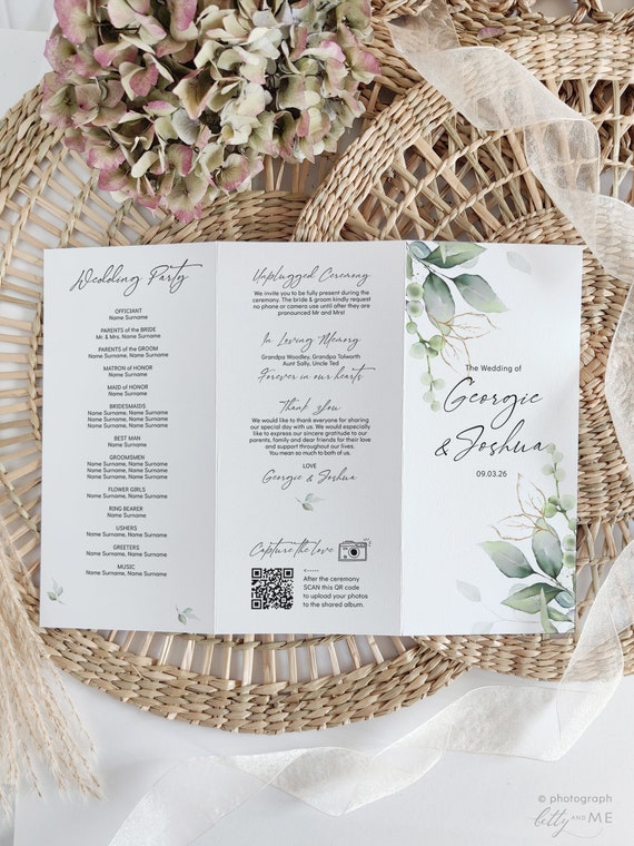 Folded Wedding Program, Greenery Wedding Order of Service Template, Printable Program, Trifold, Z Fold, Canva Template | 80G