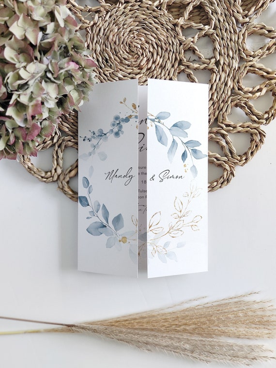 Dusty Blue Wedding Invitations, Templates for Gatefold Invitations, Printable Invitations, Canva Templates | 80 Dusty Blue