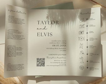 Gatefold Wedding Invitations, Printable Folded Wedding Invitations, Modern Invitation, Minimalist Wedding Theme, Canva Templates | 111W