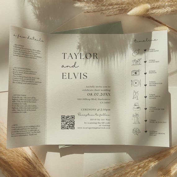 Gatefold Wedding Invitations, Printable Folded Wedding Invitations, Modern Invitation, Minimalist Wedding Theme, Canva Templates | 111W