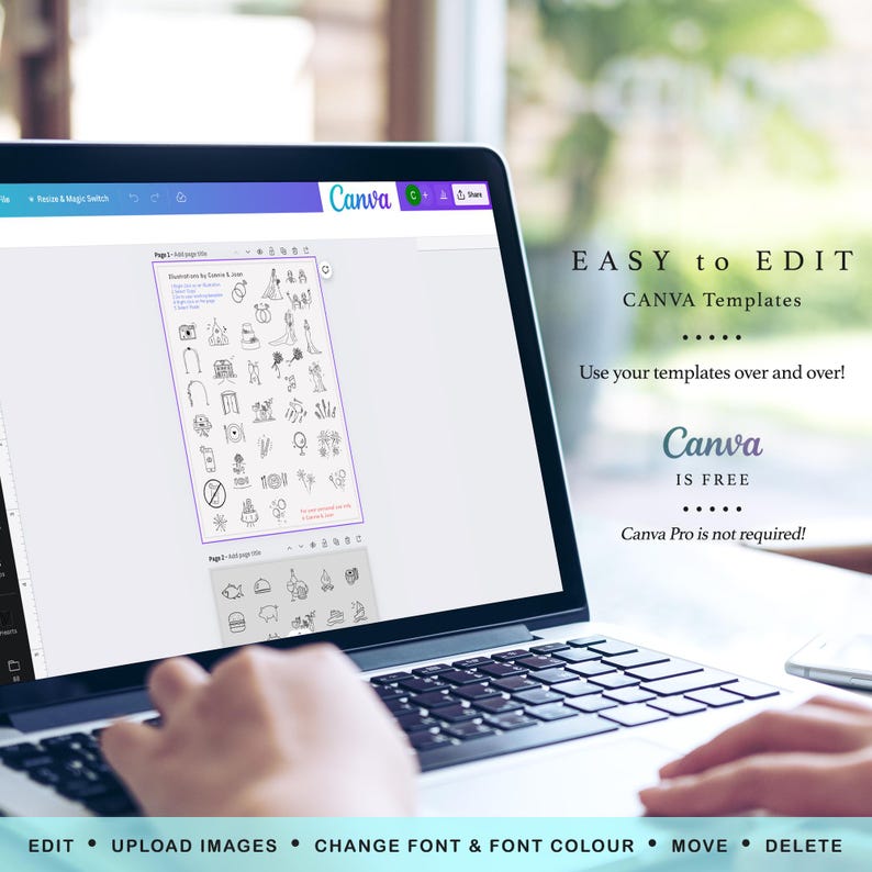 May include: A laptop displaying a Canva template with various black and white illustrations. The screen shows the text "EASY to EDIT" and "CANVA Templates". The bottom of the screen shows the text "EDIT &bull; UPLOAD IMAGES &bull; CHANGE FONT & FONT COLOUR &bull; MOVE &bull; DELETE".