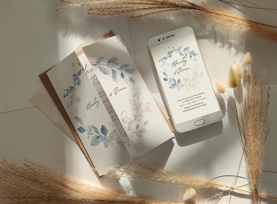 Wedding Invitation Phone Set, Printable Gatefold Invitations with Electronic Save the Dates and Evites, Canva Templates | 80 Dusty Blue