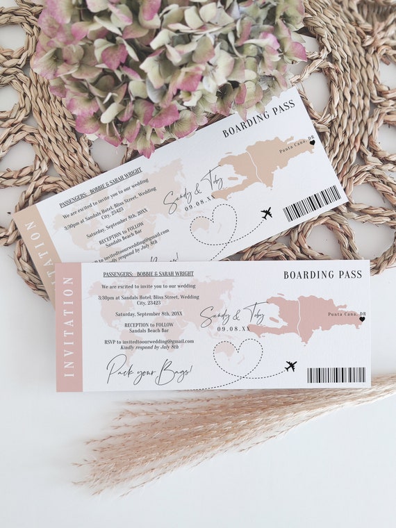 Destination - Dominican Republic Boarding Pass Wedding Invitation, DR Wedding Invitation, Destination Wedding, Corjl Templates, FREE Demo