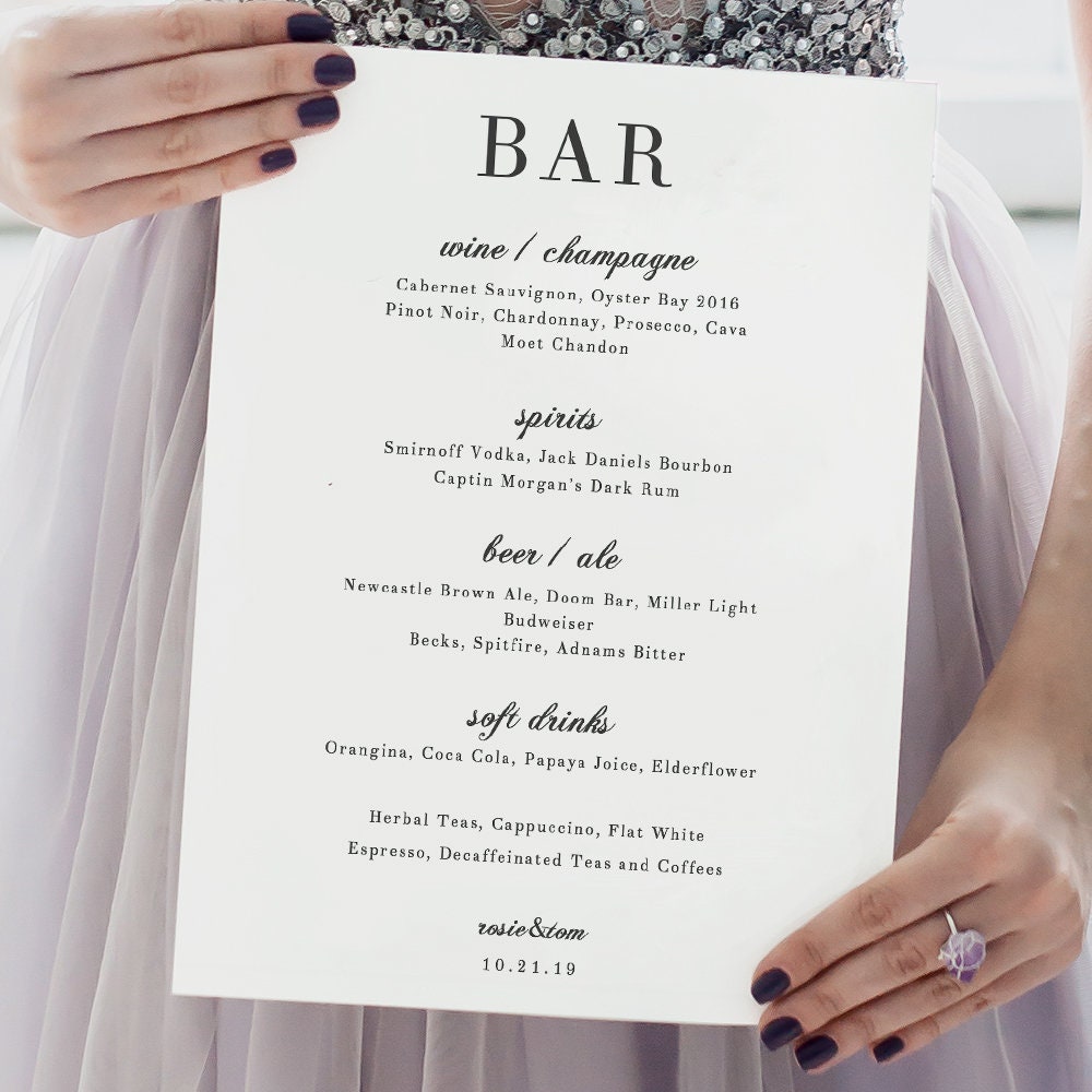 Wedding Bar Menu Wedding Bar Menu Printable Template elegant Etsy