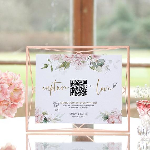 Pink Roses Capture the Love QR Code, Wedding Photo Signs, Share the Love, Wedding QR Code, Scan to Upload, Corjl Template, FREE Demo | 18P