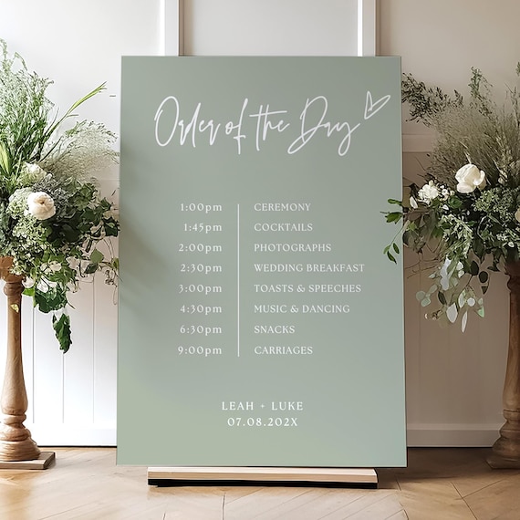 Sage Wedding Timeline Sign, Order of Events for Wedding, Canva Templates