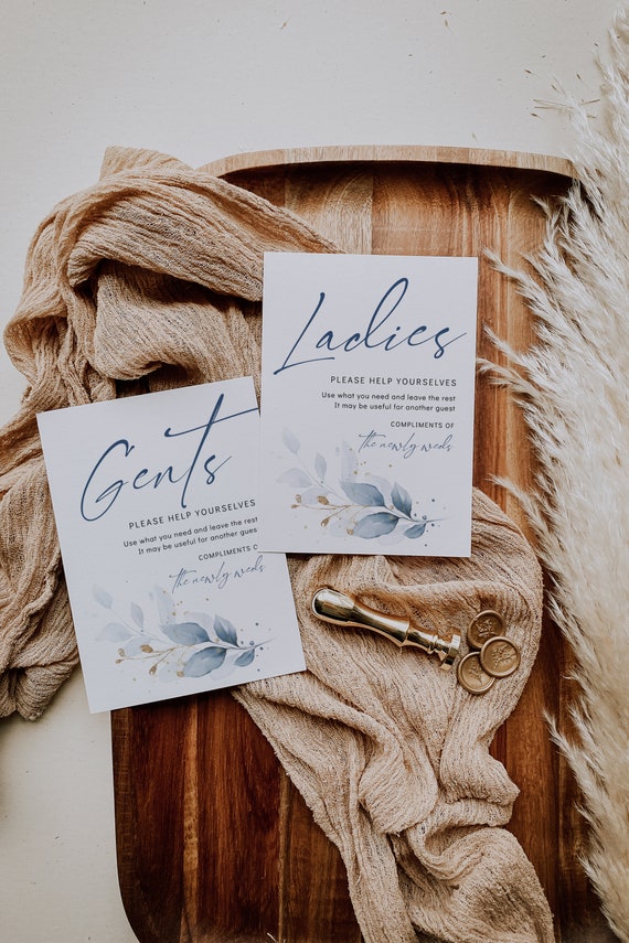 Dusty Blue Bathroom Basket Sign, Printable Wedding Basket Sign Ladies and Gentlemen Signs, Canva templates or Download and Print