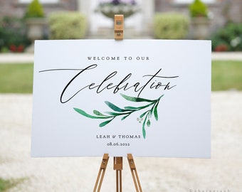 Celebration Party Welcome Sign, Printable Celebration Welcome Sign, 7 sizes included "Wedding Greenery" Corjl Template, FREE Demo