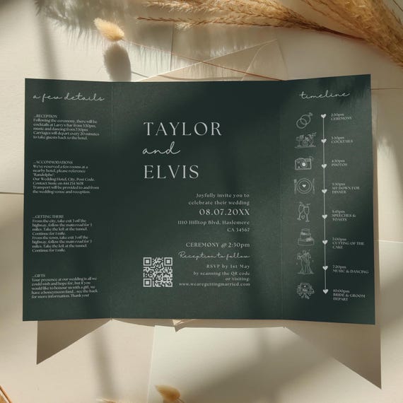 Dark Green Gatefold Wedding Invitations, Printable Modern Invitations, Modern Green Invitation, Green Wedding Theme, Canva Templates | 111DG