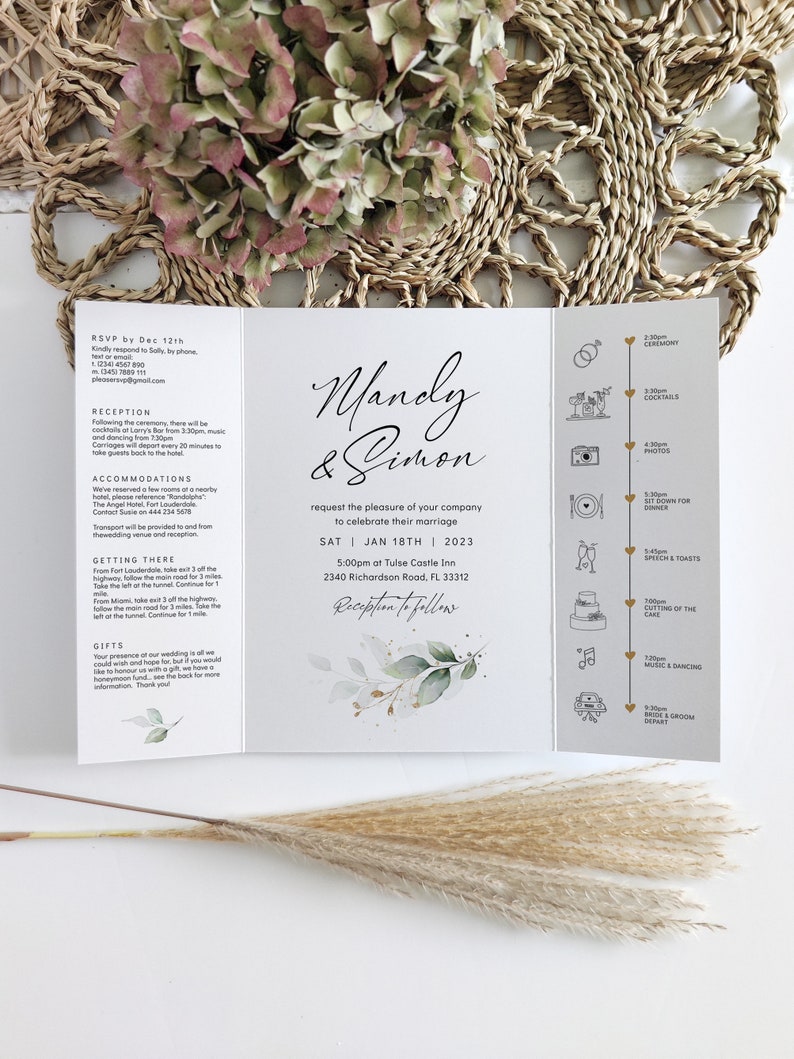 Wedding Invitation Template Download, Folded Wedding Invitations, Gatefold Invitations, Leaf & Gold, Canva Templates 80G image 4