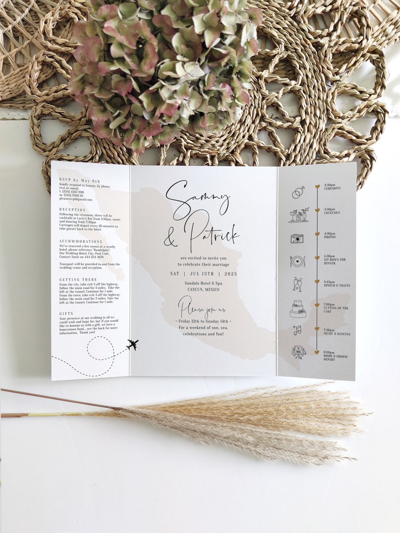 Destination - Mexico Wedding Invitations, Folded Gatefold Invitation Templates, Destination Wedding Invitations, Canva Templates image 10