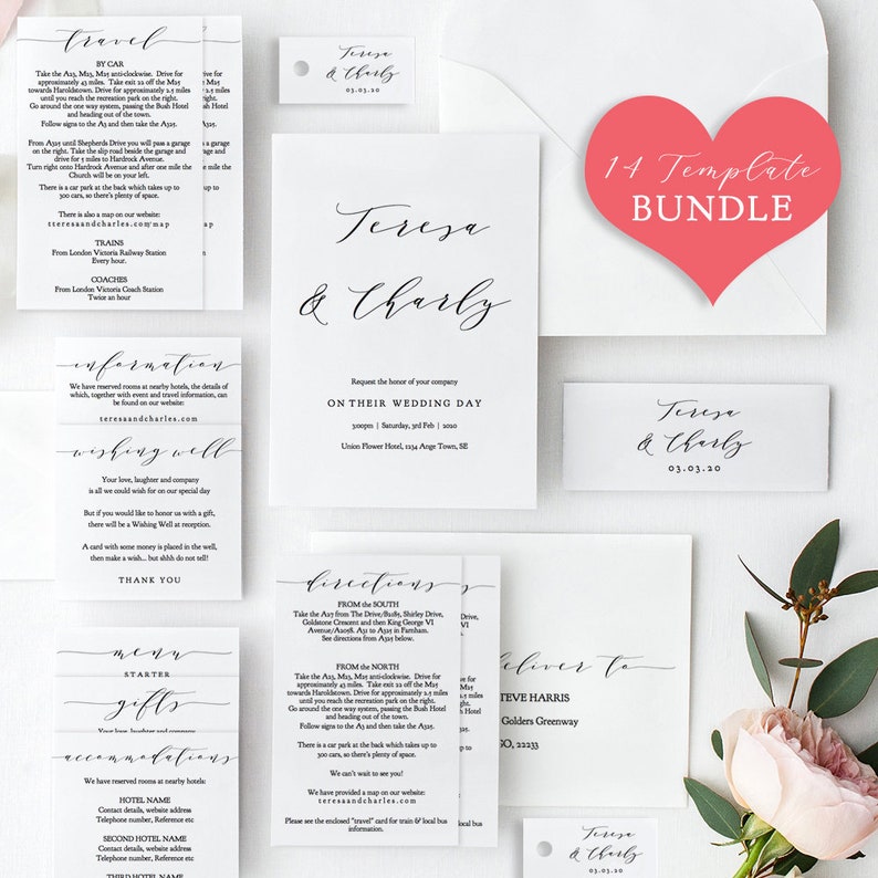 Editable PDF 14x Printables for your complete Wedding Invitation set 14 printable templates included for the price of 3! /'Wedding/'