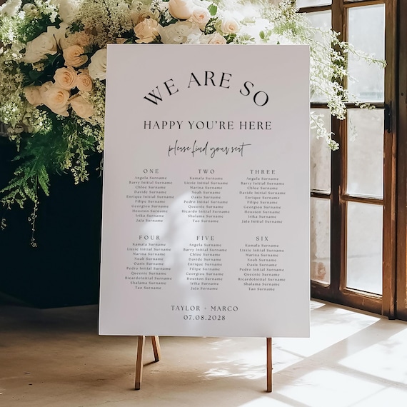 Minimalist Table Plan, We are So Happy You're Here, Minimalist Wedding Theme Seating Plan Templates, Canva Templates | 90