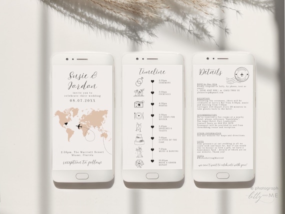 Map Wedding Invitations for Phone, Electronic Invitation Set, Travel Inspired Wedding, Smartphone Invitation, Canva Template