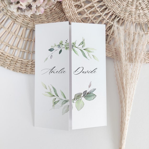 Gatefold Wedding Invitations, Sage Green Invitations, Templates for Greenery Gatefold Invites, Printable Invitations, Canva Template | 80G