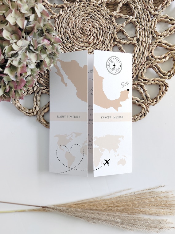 Destination - Mexico Wedding Invitations, Folded Gatefold Invitation Templates, Destination Wedding Invitations, Canva Templates