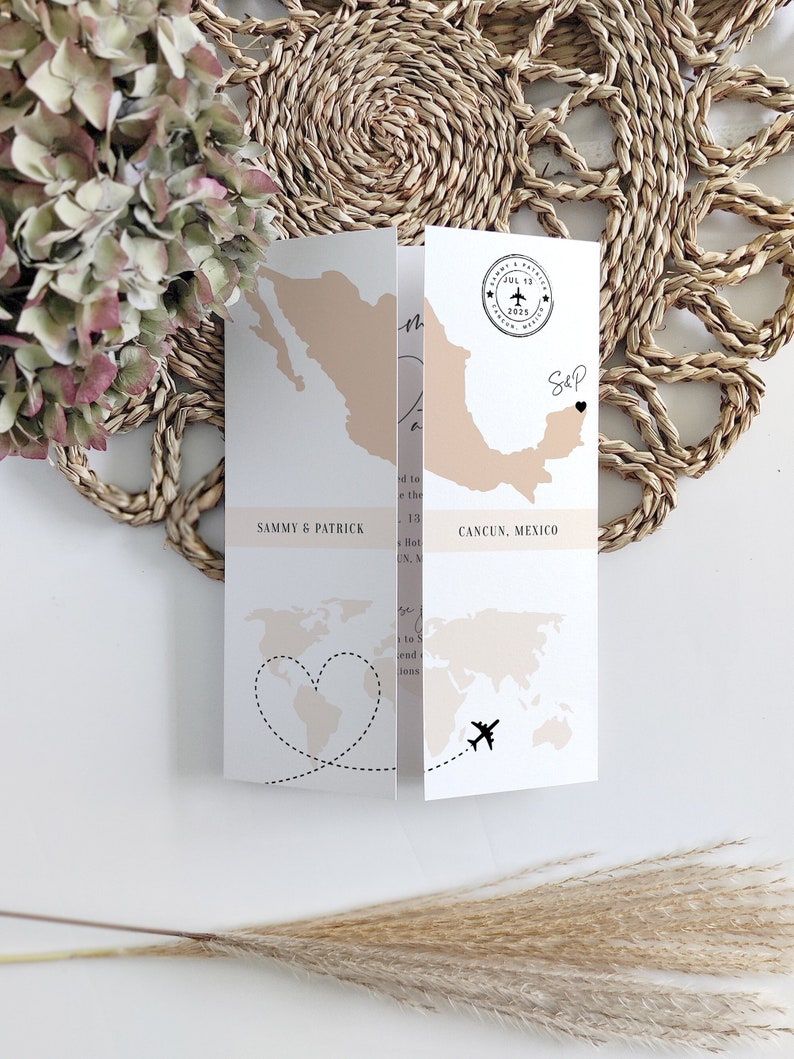 Destination - Mexico Wedding Invitations, Folded Gatefold Invitation Templates, Destination Wedding Invitations, Canva Templates image 1