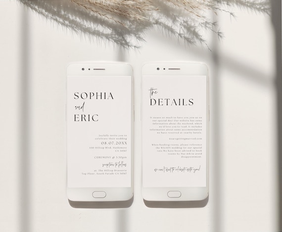 Phone Wedding Invitation Details and RSVP, QR Code, Minimalist Evite, Electronic Wedding, Smartphone Invites, Canva Templates | 90