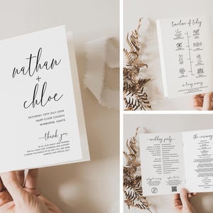 Puede incluir: Conjunto de invitaciones de boda con un diseño sencillo. La tarjeta de invitación presenta los nombres "Nathan + Chloe" en una elegante escritura. La tarjeta de cronología incluye iconos para los diferentes eventos del día, como la ceremonia y la recepción. La tarjeta del orden del servicio enumera la fiesta de bodas y los detalles de la ceremonia.