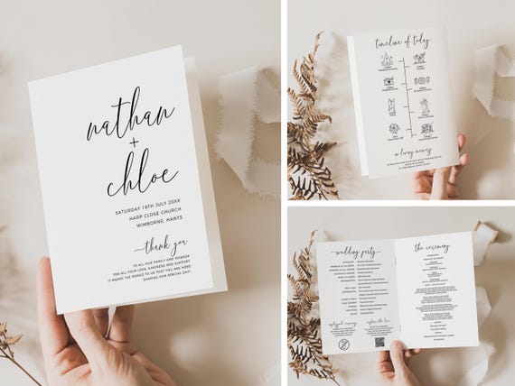 Modern Folded Wedding Program Booklets, Printable Wedding Order of Service Booklets, Canva Templates | 68