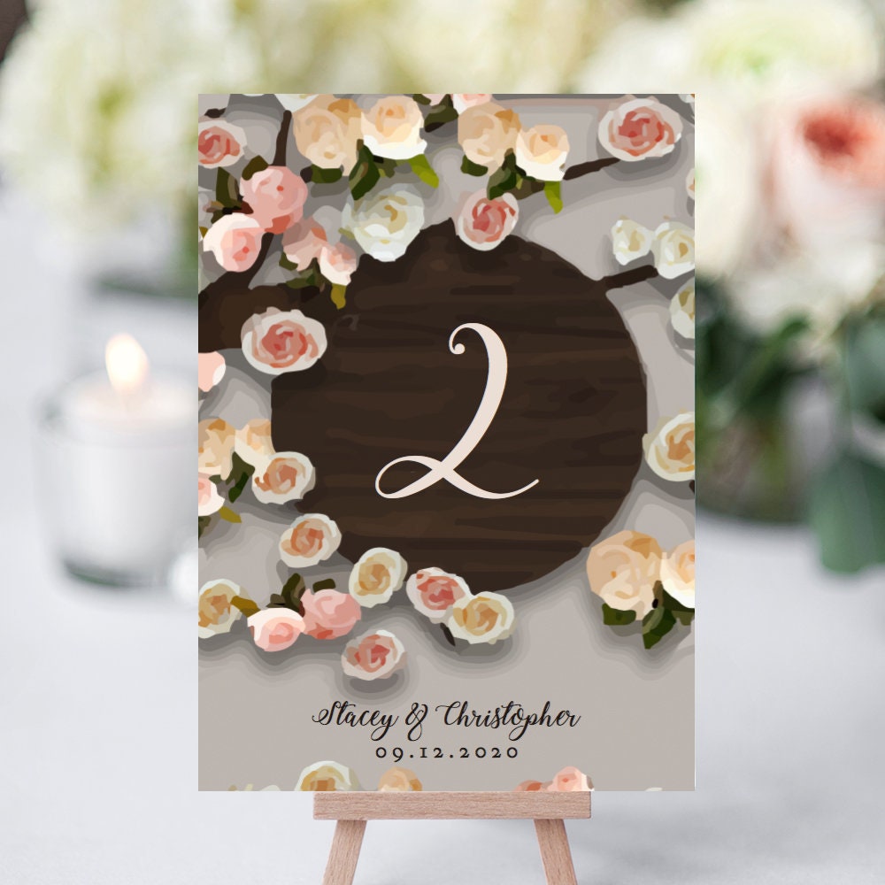 Table Numbers Wood Tree and Flowers design Customisable Etsy