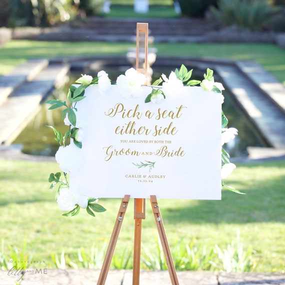 Pick a seat either / not a side, you are loved by both the Groom and Bride, Pick A Seat Sign Template, Greenery, Corjl FREE Demo