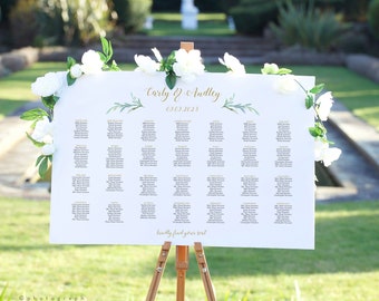 Greenery Wedding Seating Chart Table Plan Templates, 9 sizes, Portrait + Landscape shaped templates included, Corjl Template, FREE Demo